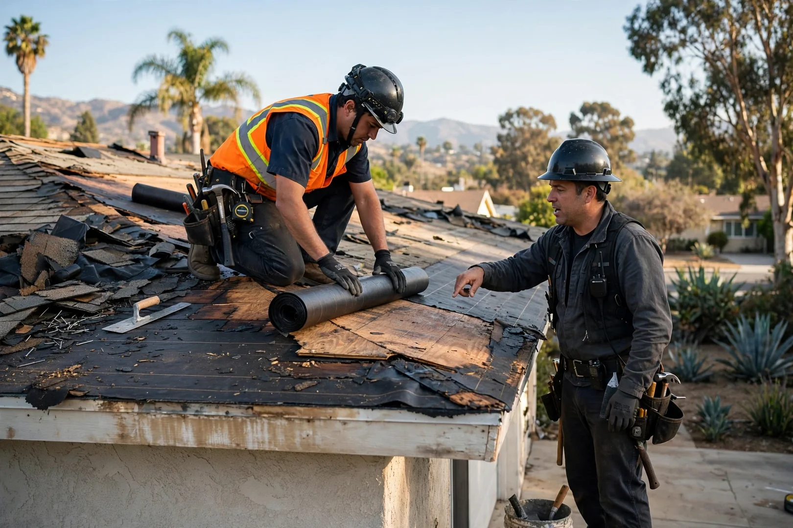 Roofing estimator measuring a residential roof slope while preparing a written estimate