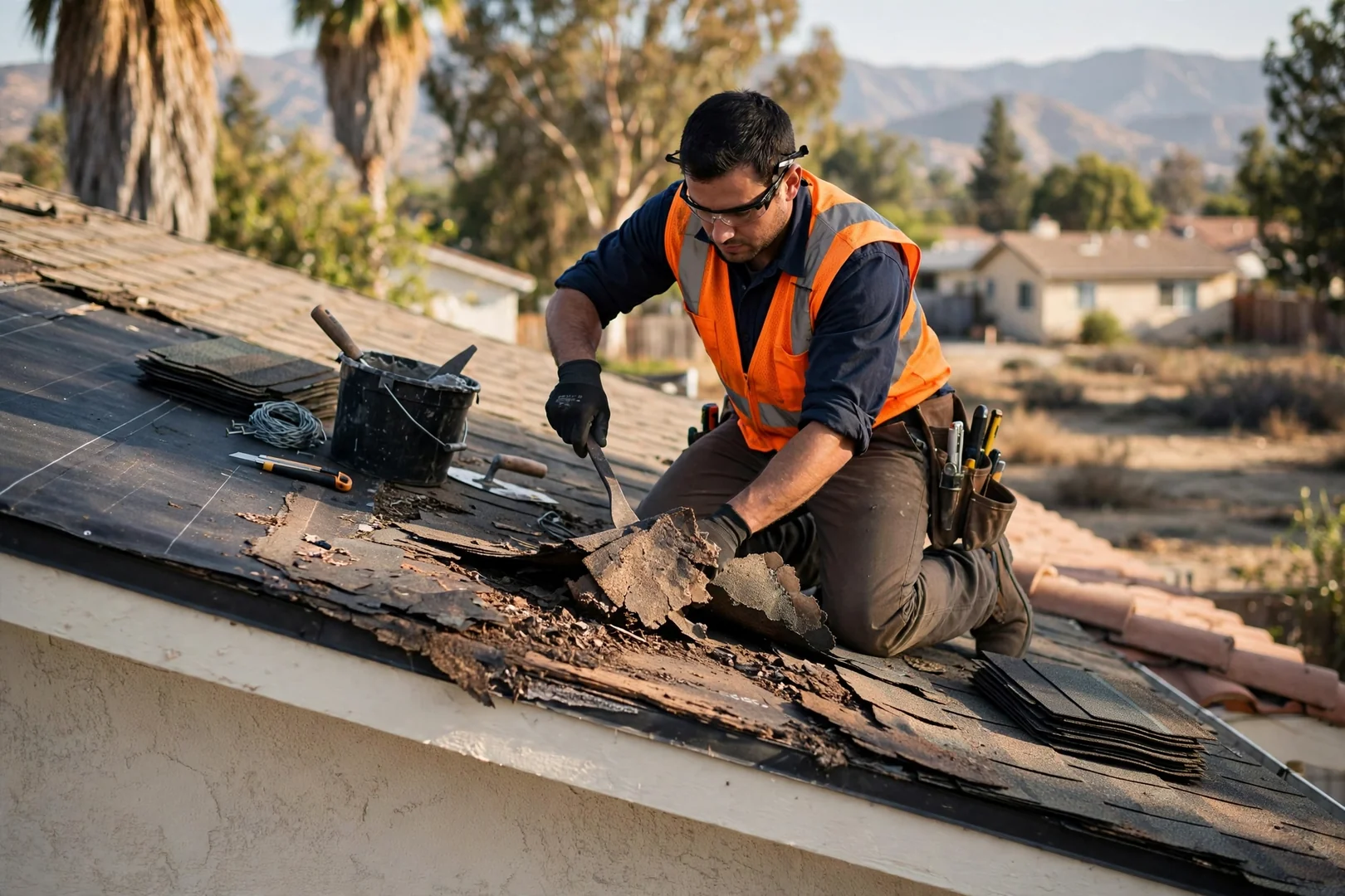 Crew reviewing a written roof replacement estimate with a property owner outside