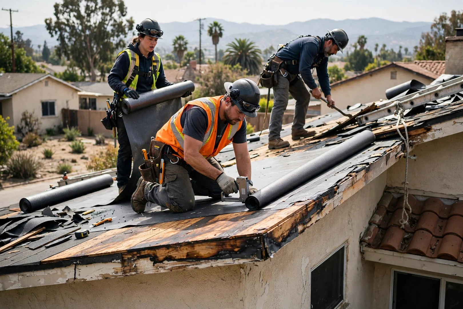 Roofing crew installing synthetic underlayment over exposed decking on a La Puente home