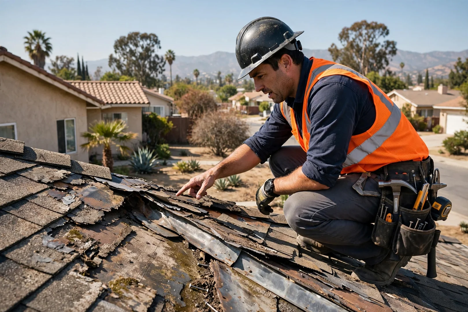 Roofing technician documenting worn shingles and flashing during a La Puente roof assessment